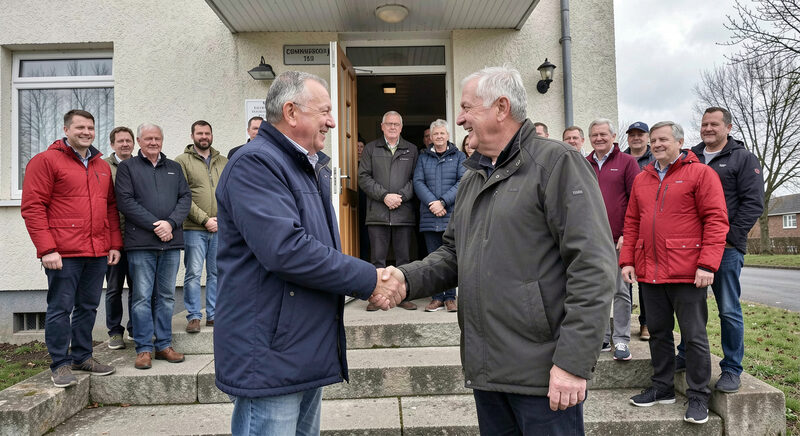 Two middle-aged men shaking hands on the steps of a modest community hall, a small crowd behind them.