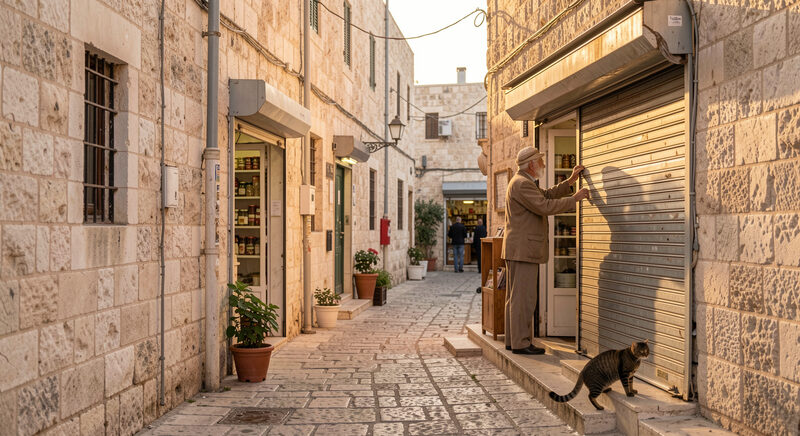An elderly shopkeeper raising the metal shutters of his store on a quiet stone street in Jerusalem at dawn